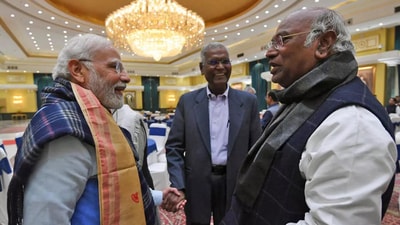 Prime Minister Narendra Modi interacts with Congress president Mallikarjun Kharge. (PTI file) Prime Minister Narendra Modi interacts with Congress president Mallikarjun Kharge. (PTI file)