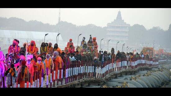 Avahan Akhara enters the mela area in Prayagraj. (Anil Kumar Maurya/HT Photo)