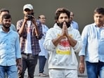 Actor Allu Arjun greets the media at his residence after being released from Chanchalguda Central Jail, in Hyderabad.