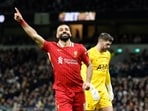Liverpool's Mohamed Salah celebrates scoring their fifth goal vs Tottenham.