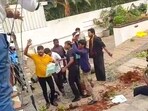 A group of protestors at the residence of Telugu actor Allu Arjun, in Hyderabad, Telangana, Sunday, Dec. 22, 2024. 