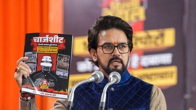 New Delhi: BJP MP Anurag Thakur addresses the gathering during the release of a chargesheet against Aam Aadmi Party (AAP) National Convener Arvind Kejriwal, in New Delhi, Monday. (PTI)