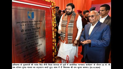 Haryana chief minister Nayab Saini lays foundation stone of a project in Karnal on Monday. (HT Photo) Haryana chief minister Nayab Saini lays foundation stone of a project in Karnal on Monday. (HT Photo)