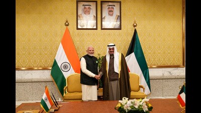 Kuwait's Crown Prince Sheikh Sabah Khaled Al-Hamad Al-Sabah shakes hands with India's Prime Minister Narendra Modi in Kuwait City, Kuwait, December 22, 2024. KUNA/Handout via REUTERS THIS IMAGE HAS BEEN SUPPLIED BY A THIRD PARTY. NO RESALES. NO ARCHIVES (via REUTERS) Kuwait's Crown Prince Sheikh Sabah Khaled Al-Hamad Al-Sabah shakes hands with India's Prime Minister Narendra Modi in Kuwait City, Kuwait, December 22, 2024. KUNA/Handout via REUTERS THIS IMAGE HAS BEEN SUPPLIED BY A THIRD PARTY. NO RESALES. NO ARCHIVES (via REUTERS)