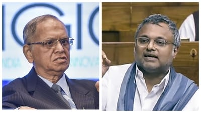 Karti Chidambaram (right) disagreed with Narayana Murthy’s views about long work hours. Karti Chidambaram (right) disagreed with Narayana Murthy’s views about long work hours.