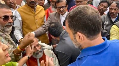 **EDS: SCREENSHOT VIA PTI VIDEO** New Delhi: Leader of Opposition in the Lok Sabha Rahul Gandhi visits BJP MP Pratap Chandra Sarangi who got injured after clashes between India Bloc and NDA MPs, at Parliament complex, in New Delhi on December 19. (PTI)