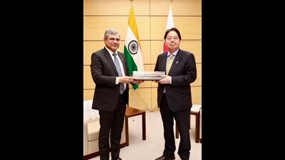Railway minister Ashwini Vaishnaw with Japan’s chief cabinet secretary Yoshimasa Hayashi, in Tokyo. (PTI) Railway minister Ashwini Vaishnaw with Japan’s chief cabinet secretary Yoshimasa Hayashi, in Tokyo. (PTI)