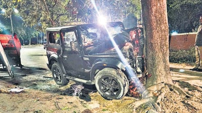 The Thar that rammed into a tree near the Sector -34 police station on Sunday night. (HT PHOTO)