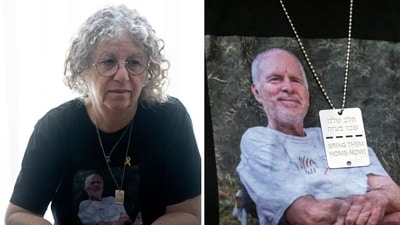 Aviva Siegel (L), heartbroken wife of American Hamas hostage Keith Siegel (R), calls for his release (AP Photo/Maya Alleruzzo, photo by Fabrice COFFRINI / AFP) Aviva Siegel (L), heartbroken wife of American Hamas hostage Keith Siegel (R), calls for his release (AP Photo/Maya Alleruzzo, photo by Fabrice COFFRINI / AFP)