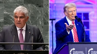 Panama president José Raúl Mulino reacts after Donald Trump threatens to take control of Panama Canal (AP Photo/Pamela Smith, photo by JOSH EDELSON / AFP) Panama president José Raúl Mulino reacts after Donald Trump threatens to take control of Panama Canal (AP Photo/Pamela Smith, photo by JOSH EDELSON / AFP)