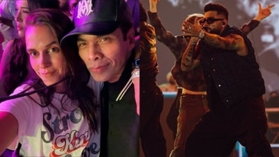 Karan Johar and Neha Dhupia attended Karan Aujla's Mumbai show. Karan Johar and Neha Dhupia attended Karan Aujla's Mumbai show.