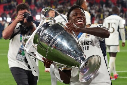 Real Madrid's Vinicius Junior celebrates at the end of the Champions League final. (AP) Real Madrid's Vinicius Junior celebrates at the end of the Champions League final. (AP)