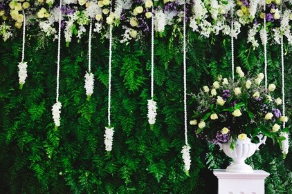 The gradient flower wall is made visually interesting with trailing vines. (PC: Ferns N Petals) The gradient flower wall is made visually interesting with trailing vines. (PC: Ferns N Petals)
