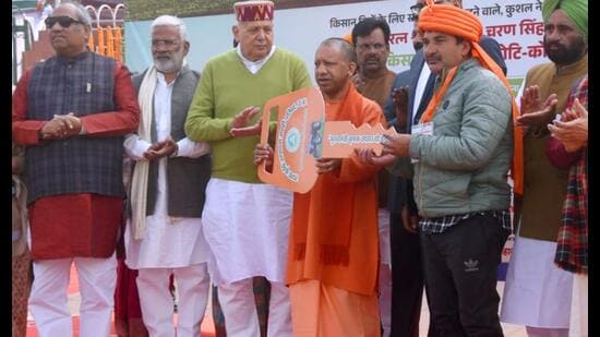 Uttar Pradesh CM Yogi Adityanath at an event marking the birth anniversary of former PM Ch Charan Singh in Lucknow. (HT photo)