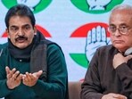 Congress leaders KC Venugopal and Jairam Ramesh during a press conference.