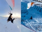 A woman paraglided in a witch costume with a broomstick, grabbing attention online. A woman paraglided in a witch costume with a broomstick, grabbing attention online.