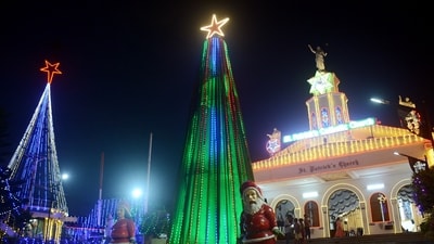 On Christmas eve, cities all across India lit up to celebrate the festive season. In Chennai, St Patrick's church was illuminated with lights and statues of Santa Claus. (ANI) On Christmas eve, cities all across India lit up to celebrate the festive season. In Chennai, St Patrick's church was illuminated with lights and statues of Santa Claus. (ANI)
