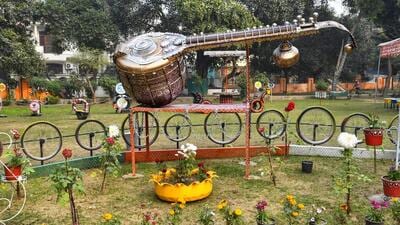 All the discarded scrap material is carefully crafted into various items like musical instruments, selfie points, and shamiyana and different types of seats by carefully painting and colouring them accordingly, said Ghaziabad municipal commissioner. (Sakib Ali/HT Photo) All the discarded scrap material is carefully crafted into various items like musical instruments, selfie points, and shamiyana and different types of seats by carefully painting and colouring them accordingly, said Ghaziabad municipal commissioner. (Sakib Ali/HT Photo)