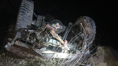 The damaged Army vehicle which plunged into the gorge in Poonch. (HT Photo) The damaged Army vehicle which plunged into the gorge in Poonch. (HT Photo)