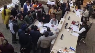A Municipal body meeting in Chandigarh turned into a scuffle. (PTI screengrab) A Municipal body meeting in Chandigarh turned into a scuffle. (PTI screengrab)