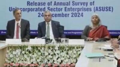 Chief economic advisor V Anantha Nageswaran (centre) said the percentage of female-owned proprietary establishments increased from 22.9% in 2022-23 to 26.2% in 2023-24 (Videograb) Chief economic advisor V Anantha Nageswaran (centre) said the percentage of female-owned proprietary establishments increased from 22.9% in 2022-23 to 26.2% in 2023-24 (Videograb)