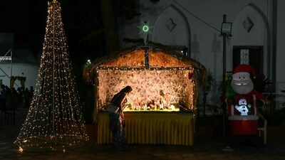 Christmas nativity scenes, such as this one in Hyderabad were displayed outside churches to celebrate the festival. (AFP) Christmas nativity scenes, such as this one in Hyderabad were displayed outside churches to celebrate the festival. (AFP)