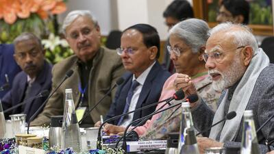 PM Narendra Modi and finance minister Nirmala Sitharaman at a meeting with economists and sector experts on Tuesday. (PTI) PM Narendra Modi and finance minister Nirmala Sitharaman at a meeting with economists and sector experts on Tuesday. (PTI)