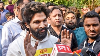 Allu Arjun spoke with the media at his residence after he was released from the jail on December 14, 2024 in connection with the death of a woman in a stampede during the premiere of his film ‘Pushpa 2: The Rule’. (PTI) Allu Arjun spoke with the media at his residence after he was released from the jail on December 14, 2024 in connection with the death of a woman in a stampede during the premiere of his film ‘Pushpa 2: The Rule’. (PTI)