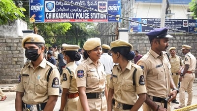 Police personnel stand guard as actor Allu Arjun arrives at the Chikkadpally police station for questioning as part of an ongoing probe into the stampede during the screening of his movie ‘Pushpa-2’. (PTI) Police personnel stand guard as actor Allu Arjun arrives at the Chikkadpally police station for questioning as part of an ongoing probe into the stampede during the screening of his movie ‘Pushpa-2’. (PTI)