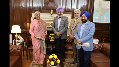 Punjab ministers Harpal Singh Cheema, Lal Chand Kataruchak and Rajya Sabha member Vikramjit Singh Sahney with Union finance minister Nirmala Sitharaman. (Sourced)
