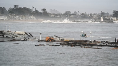 This handout image taken and released by the City of Santa Cruz shows the collapsed pier at the Santa Cruz Wharf, in Santa Cruz, California, on December 23, 2024. (AFP) This handout image taken and released by the City of Santa Cruz shows the collapsed pier at the Santa Cruz Wharf, in Santa Cruz, California, on December 23, 2024. (AFP)