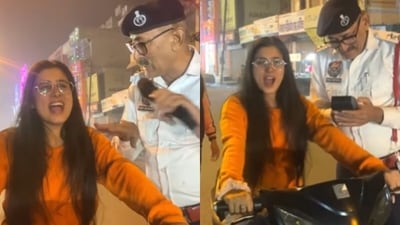 In Rohtak, a woman mimicked Shinchan during traffic stop, leaving cop and onlookers amused. (Instagram/amarkatariaofficial) In Rohtak, a woman mimicked Shinchan during traffic stop, leaving cop and onlookers amused. (Instagram/amarkatariaofficial)