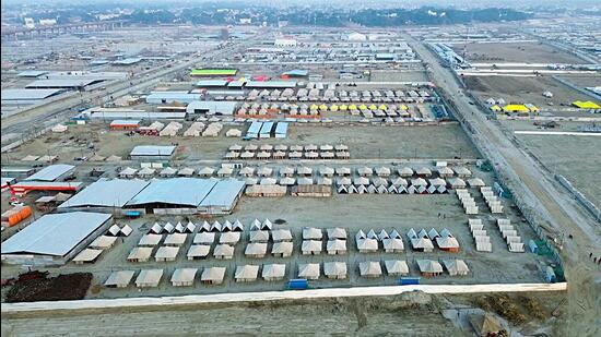 An aerial view of the 'Tent City' being prepared ahead of the 'Maha Kumbh 2025' in Prayagraj, Uttar Pradesh. (ANI Photo)