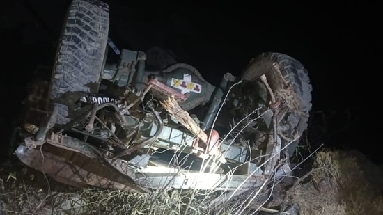The damaged Army vehicle which plunged into the gorge in Poonch. (HT Photo)