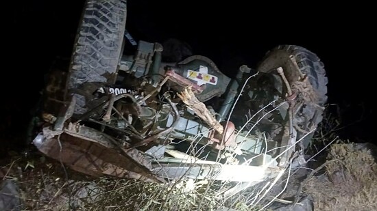 Mangled remains of an army vehicle after it met with an accident in Poonch on Tuesday. (HT Photo)