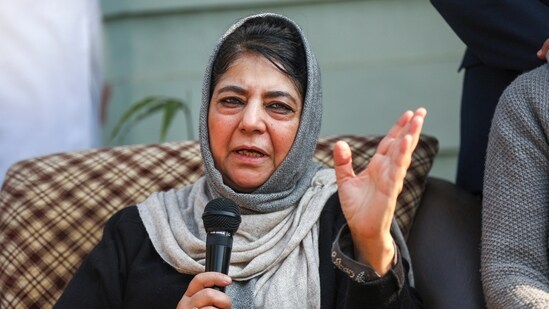 Peoples Democratic Party (PDP) President Mehbooba Mufti addresses party workers during a meeting in Jammu on Sunday (PTI Photo) (PTI)