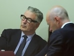 Alec Baldwin (L) attends his trial for involuntary manslaughter at Santa Fe County District Court in Santa Fe, New Mexico, on July 12, 2024.     RAMSAY DE GIVE/Pool via REUTERS/File Photo