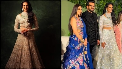 PV Sindhu wore a Falguni Shane Peacock lehenga for the reception, while Mrunal Thakur attended in a royal blue attire. (Instagram) PV Sindhu wore a Falguni Shane Peacock lehenga for the reception, while Mrunal Thakur attended in a royal blue attire. (Instagram)