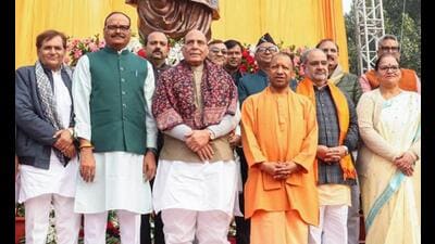 Defence minister Rajnath Singh with UP chief minister Yogi Adityanath, deputy CM Brajesh Pathak and others during the unveiling of a statue of former Prime Minister Atal Bihari Vajpayee on his 100th birth anniversary, in Lucknow on Wednesday. (ANI Photo) Defence minister Rajnath Singh with UP chief minister Yogi Adityanath, deputy CM Brajesh Pathak and others during the unveiling of a statue of former Prime Minister Atal Bihari Vajpayee on his 100th birth anniversary, in Lucknow on Wednesday. (ANI Photo)