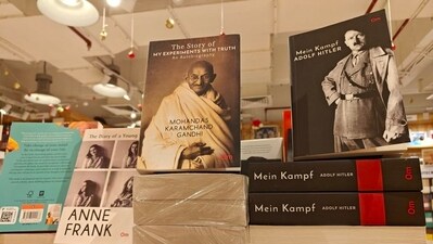 A Delhi bookstore drew attention by placing Anne Frank’s Diary next to Hitler’s Mein Kampf and Gandhi’s autobiography. (X/@hganjoo_153) A Delhi bookstore drew attention by placing Anne Frank’s Diary next to Hitler’s Mein Kampf and Gandhi’s autobiography. (X/@hganjoo_153)