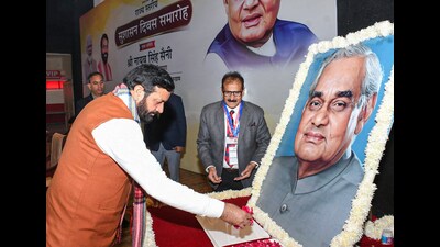 Haryana chief minister Nayab Saini pays floral tribute to former Prime Minister Atal Bihari Vajpayee on his 100th birth anniversary at SGT University in Gurugram on Wednesday. (ANI) Haryana chief minister Nayab Saini pays floral tribute to former Prime Minister Atal Bihari Vajpayee on his 100th birth anniversary at SGT University in Gurugram on Wednesday. (ANI)
