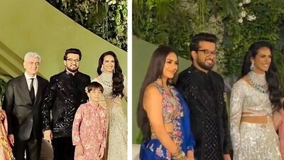 Ajith and his family, Mrunal Thakur pose with newlyweds PV Sindhu and Venkata Datta Sai at their wedding reception in Hyderabad. Ajith and his family, Mrunal Thakur pose with newlyweds PV Sindhu and Venkata Datta Sai at their wedding reception in Hyderabad.