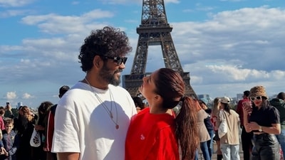 Vignesh Shivan and Nayanthara at the Eiffel Tower in Paris. Vignesh Shivan and Nayanthara at the Eiffel Tower in Paris.