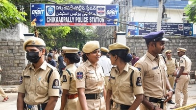 Police personnel stood guard as actor Allu Arjun was interrogated at Chikkadpally police station on Tuesday as part of an ongoing probe into the stampede during the screening of his movie Pushpa 2 in Hyderabad. (PTI)