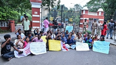 SFI and AIDWA members protested outside Anna University over a student’s alleged assault in Chennai on Wednesday. (ANI PHOTO) SFI and AIDWA members protested outside Anna University over a student’s alleged assault in Chennai on Wednesday. (ANI PHOTO)