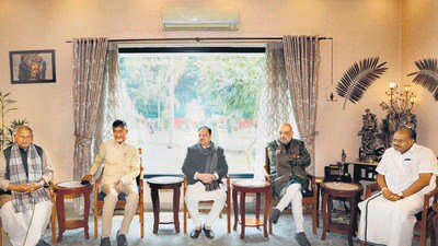 Senior NDA leaders at a key meeting of the coalition partners in Delhi on Wednesday. (HT Photo) Senior NDA leaders at a key meeting of the coalition partners in Delhi on Wednesday. (HT Photo)