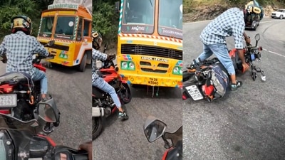 The biker narrowly escaped tragedy. (X/@Gharkakalesh) The biker narrowly escaped tragedy. (X/@Gharkakalesh)