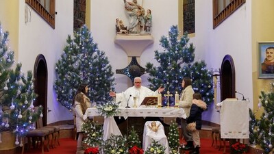 A priest leads the Christmas mass at St. Nicholas church in the Croatian minority town, in Janjevo, Kosovo December 25, 2024. Christmas marks the birth of Jesus Christ, central to Christian faith, traditionally observed on December 25 (REUTERS)