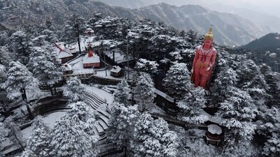 An aerial view of snow-covered statue of lord Hanuman at Jakhoo hill after fresh snowfall in Shimla on Tuesday. (Deepak Sansta/HT)