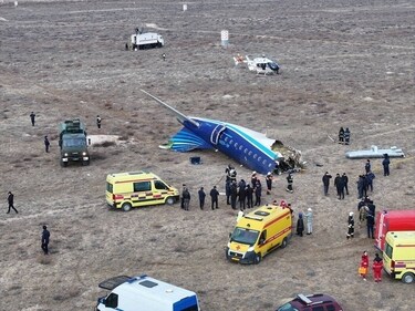 A drone view shows the crash site of an Azerbaijan Airlines passenger plane near the city of Aktau, Kazakhstan on December 25, 2024. (REUTERS)